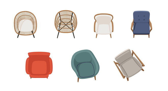 Collection of seven modern armchairs and chairs in various designs and colors viewed from above on a white background.