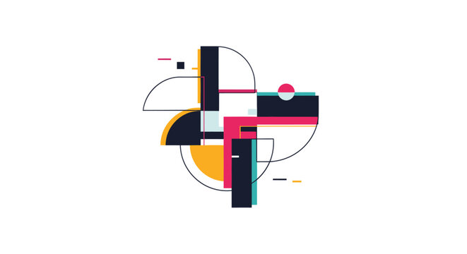 Abstract geometric composition with colorful shapes and lines on a white background, modern design, minimalist art