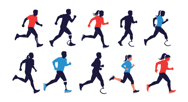 Collection of ten silhouettes of diverse male and female runners including several athletes with prosthetic legs in various running poses.