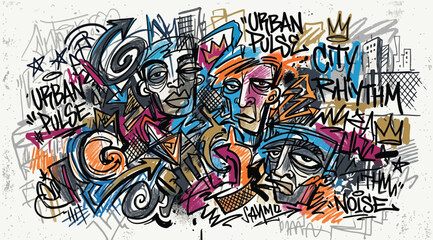 Urban pulse graffiti collage with stylized faces and city rhythm text © Saharia