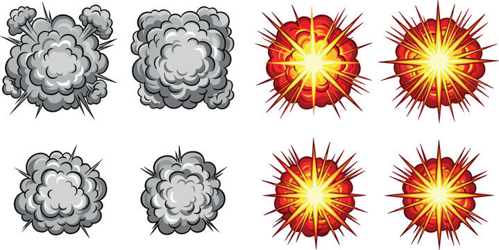 Cartoon explosion and smoke cloud effect collection featuring comic blast bursts isolated vector illustration set design elements.Cartoon explosion and smoke cloud effect collection featuring comic bl