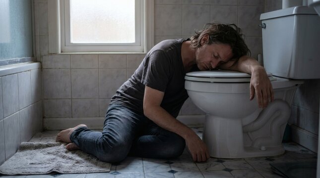 Exhausted Man Slumped on Bathroom Floor with Head Resting on Toilet.