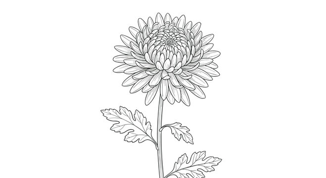 Intricate black and white line art illustration of a single chrysanthemum flower on a long stem with detailed serrated leaves.