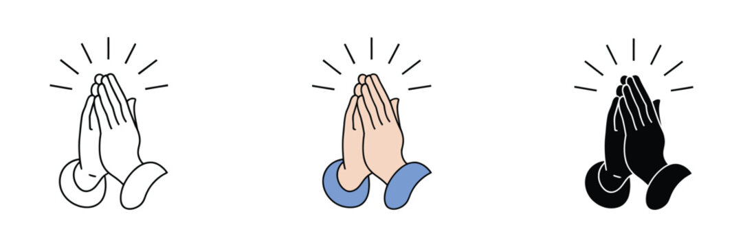 Pray icon set featuring hands in prayer for religion, spirituality, faith, and respectful worship concepts.