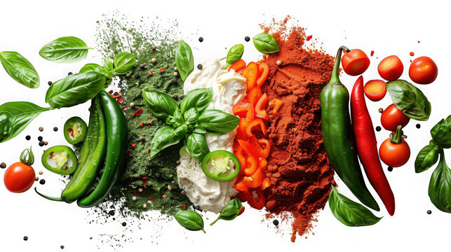 Arrangement of fresh herbs spices chili peppers tomatoes with tomatoes isolated on transparent background