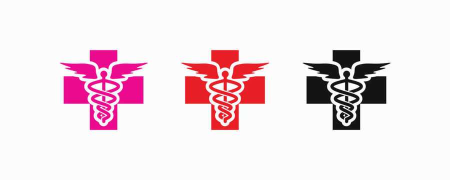 Three stylized caduceus symbols blend with cross shapes. Each design uses bold colors: pink, red, and black. The symbols show intertwined snakes and wings. They appear clean, modern, and symbolic