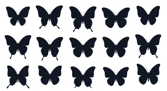 Grid of fifteen black butterfly silhouettes with different wing shapes and sizes is arranged on a clean white background for design.