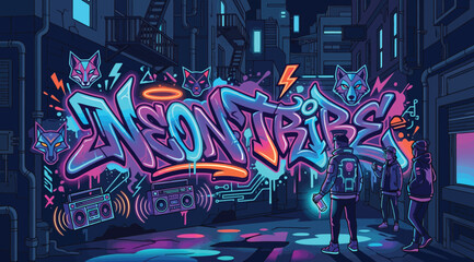 Neon tribe graffiti art with cyberpunk street scene © Saharia