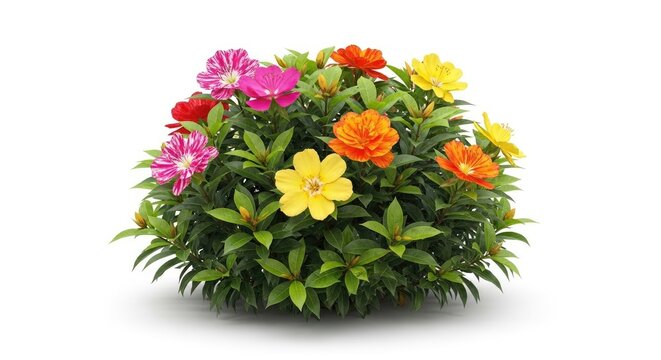 A vibrant bouquet of flowers, including pink, yellow, orange, and red blooms, arranged in a circular pattern on a green tabletop.