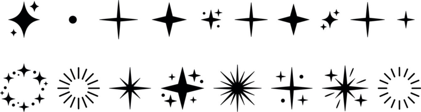 Sparkle star vector set with black twinkling glints and shining burst silhouettes for magical light effect graphic designs.Sparkle star vector set with black twinkling glints and shining burst silhoue