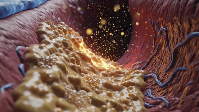Close-up view of arterial plaque buildup in a blood vessel, showcasing the progression of fatty deposits and surrounding tissue in a detailed anatomical illustration