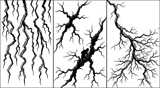 Black lightning bolt vector set with dramatic crack patterns and electric discharge silhouettes for weather and energy designs.Black lightning bolt vector set with dramatic crack patterns and electric
