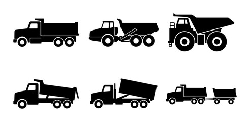 Dump Truck Icons, Construction Vehicle Silhouettes, Heavy Machinery Vector Set for Industry and Transport Design © Jannatul