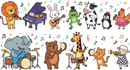 Cute Cartoon Animals Playing Musical Instruments Band Set With Lion Violin Piano Rabbit Guitar Frog Cow Penguin ChickenCute Cartoon Animals Playing Musical Instruments Band Set With Lion Violin Piano  © MDHAFIJUDDIN