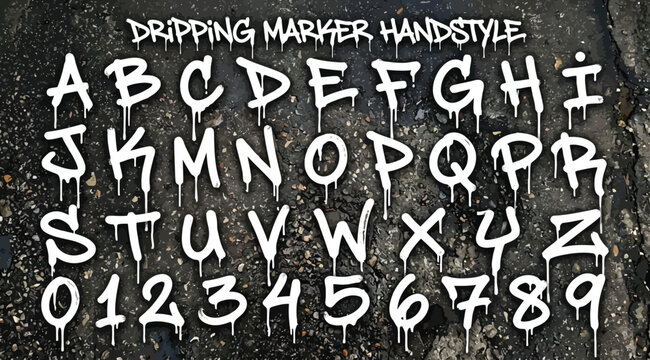 Dripping marker handstyle graffiti alphabet and numbers set
