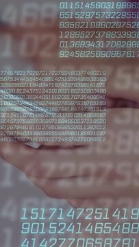 Vertical video: Cyan digits appearing hand holding metal tool moving across lip showing align data