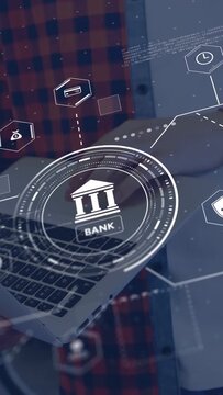 Vertical video: Male hands resting, starting banking HUD over laptop, typing, tapping phone, paying