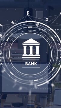 Vertical video: Bank icon HUD booting over desk, rings rotating and money orbiting to show finance