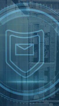 Vertical video: On start cyan HUD rings fading growing shield mail scan pulsing securing racks