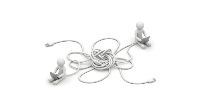Characters using laptops connected by tangled power cables