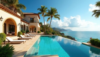 Fototapeta premium Luxury villa with infinity pool overlooks turquoise ocean. Palm trees and lush green plants surround estate. Relaxing sun loungers on terrace invite vacation.