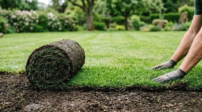 Gardener rolling out turf for lawn installation in backyard. Professional landscaper laying sod roll on ground. Residential landscaping project and garden improvement concept.