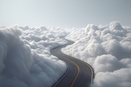 Curving highway surrounded by soft clouds in a surreal sky landscape