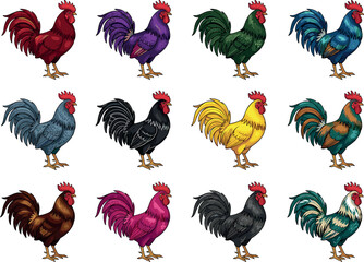 Twelve Colorful Rooster Vector Illustration Collection Isolated on White Background for Farm Graphic Designs © MdRaisul