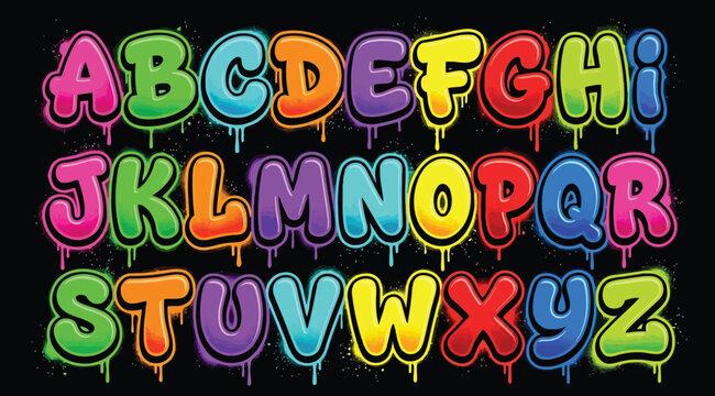 Colorful graffiti bubble alphabet letters set with dripping paint effect