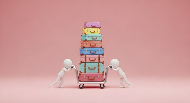 Characters pushing a cart stacked with colorful vintage suitcases
