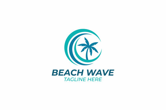 Tropical beach wave logo design template with palm tree circle icon for corporate branding identity and summer travel resort business