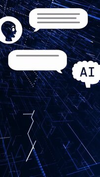Vertical video: Light streaks accelerating, avatars forming chat bubbles showing AI thread flow