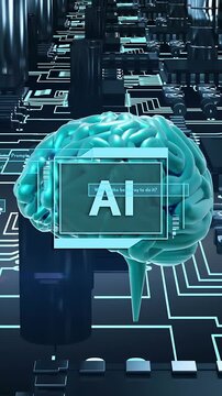 Vertical video: Camera moving forward teal brain rotating with HUD boxes sliding showing AI status