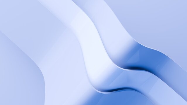 Abstract wavy curved 3d render. Blue and white layers of plastic with lines, folds, ruffles. Modern wallpaper, texture pattern.