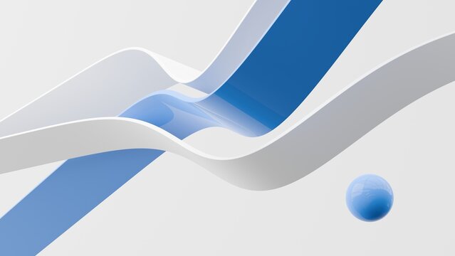 Abstract wavy curved 3d render. Blue and white layers of plastic with lines, folds, ruffles. Modern wallpaper, texture pattern.