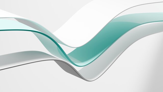 Abstract wavy curved 3d render. Blue and white layers of plastic with lines, folds, ruffles. Modern wallpaper, texture pattern.