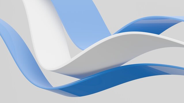Abstract wavy curved 3d render. Blue and white layers of plastic with lines, folds, ruffles. Modern wallpaper, texture pattern.