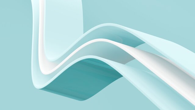 Abstract wavy curved 3d render. Blue and white layers of plastic with lines, folds, ruffles. Modern wallpaper, texture pattern.