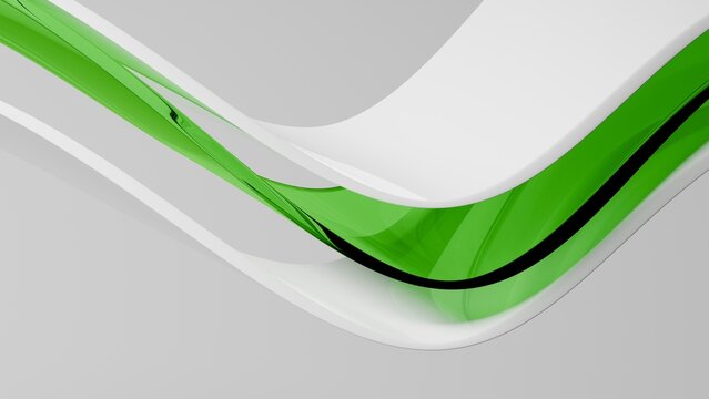 Abstract wavy curved 3d render. Green and white layers of plastic with lines, folds, ruffles. Modern wallpaper, texture pattern.