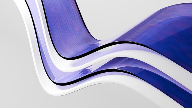 Abstract wavy curved 3d render. Blue and white layers of plastic with lines, folds, ruffles. Modern wallpaper, texture pattern.