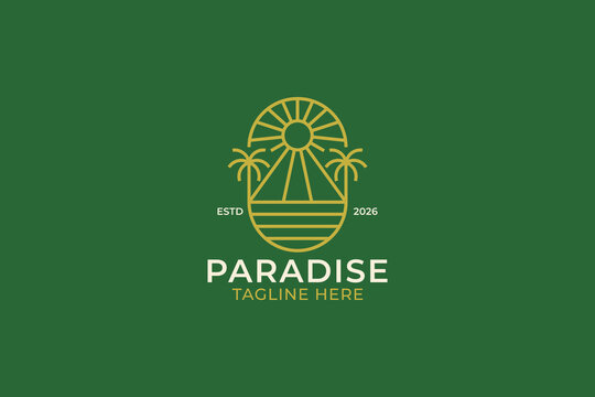 Paradise sunset line art logo design template with palm trees and sun rays oval badge for vintage corporate branding travel resort lifestyle