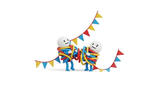 Two people entangled in colorful wires with party flags