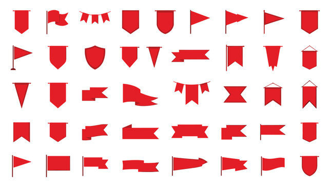 Collection of Red Flags Banners Pennants and Ribbons Isolated on White Background Graphic Elements for Design