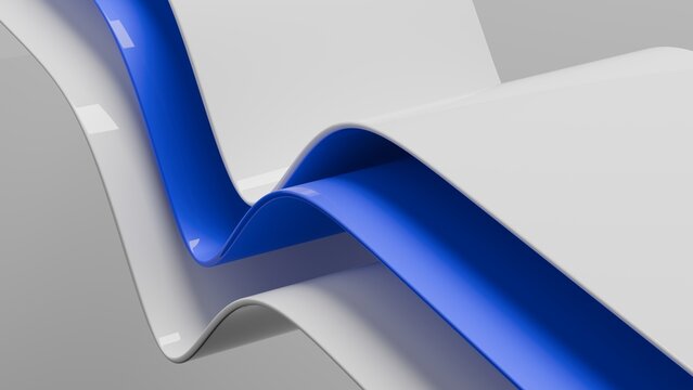 Abstract wavy curved 3d render. Blue and white layers of plastic with lines, folds, ruffles. Modern wallpaper, texture pattern.