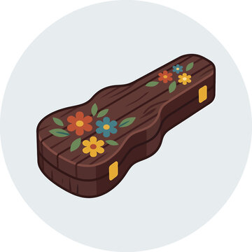 Brown wooden guitar with flowers on it.