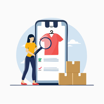 Woman Shopping Online Using Smartphone and Magnifying Glass