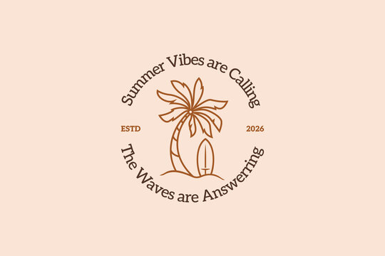 Summer vibes palm tree and surfboard line art logo design template with circular typography for vintage surf apparel coastal lifestyle branding
