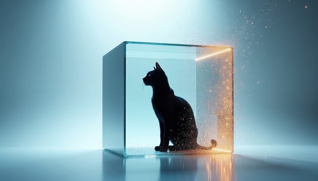 Black cat silhouette inside glass cube partly dissolving into digital particles. Abstract concept of quantum physics, uncertainty. Scientific idea of superposition state. Science experiment in