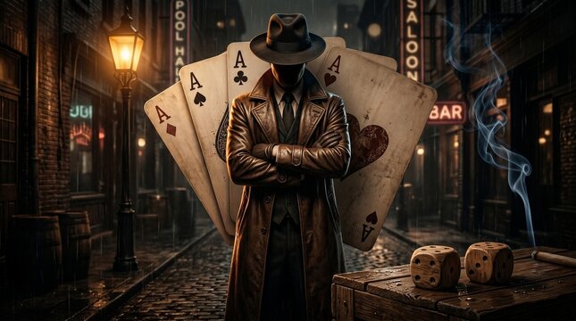 Mystery and Intrigue: A shadowy figure in a fedora and trench coat stands stoically before a backdrop of oversized playing cards in a dimly lit, atmospheric street.