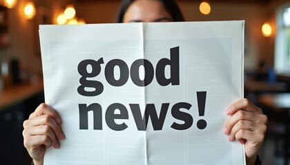 Fototapeta na wymiar Hands hold newspaper with large black text reading good news. Information spreads joy and positivity. Concept of positive updates. Background shows soft bokeh lights.